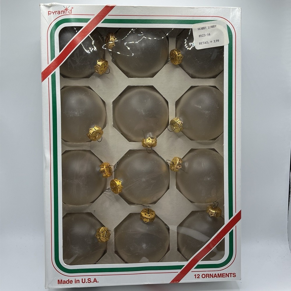 Vintage Box of 12 Pyramid Frosted Ornaments‎ Glass Bulbs Balls Christmas USA